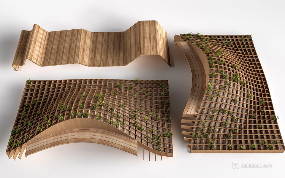 Wooden Landscape Seats With Curved Design And Grid Structure Featuring Plants 3d model 