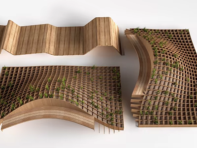 Wooden Landscape Seats With Curved Design And Grid Structure Featuring Plants 3d model