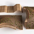Wooden Landscape Seats With Curved Design And Grid Structure Featuring Plants