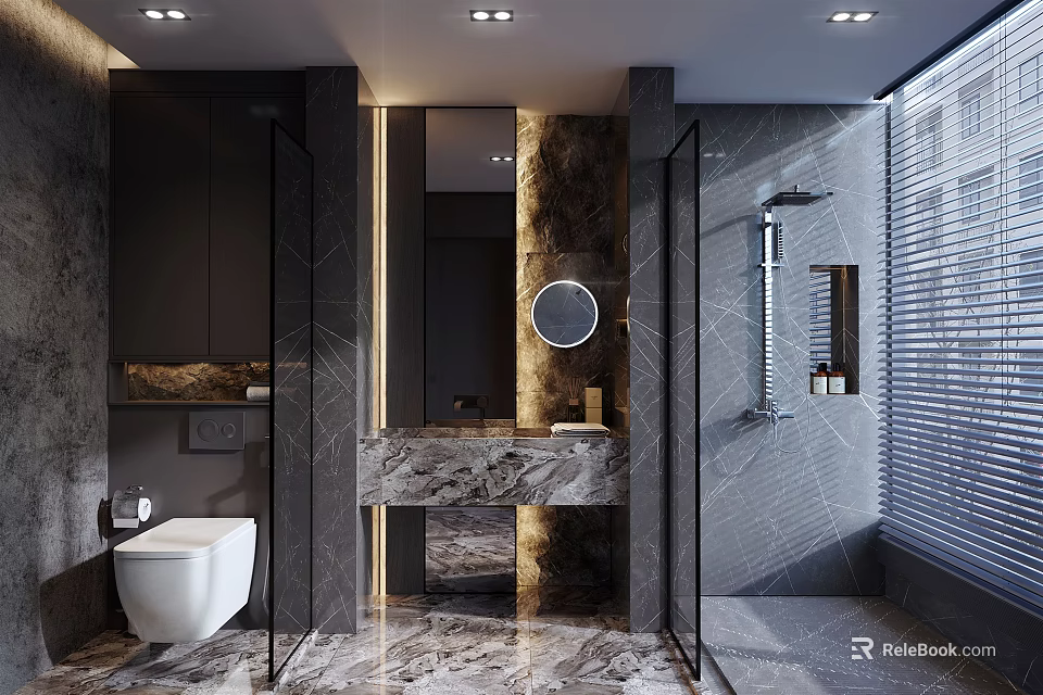 Modern Luxury Bathroom Interior Design With Marble Vanity Glass Shower And Toilet 3d model 
