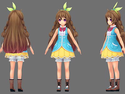 Game Anime Character With Long Brown Hair Green Leaf Accessory Blue Vest And Yellow Skirt 3d model