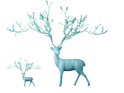 Light Blue Deer Sculptures With Branch Antlers And Leaves In Large And Small Sizes 3d model