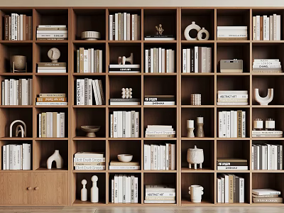 Wooden Bookshelf with Multiple Open Shelves Holding Books Decorative Items and Ornaments 3d model