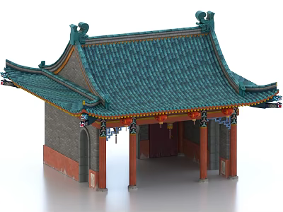 Ancient Chinese Architecture With Green Tiled Roof Overhanging Eaves And Red Pillars 3d model