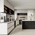 Modern Open Concept Kitchen Interior With White Cabinets Island And Appliances