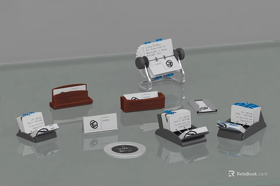 Various Desktop Organizers Including Wooden Metal Business Card Holders And Memo Pads 3d model 