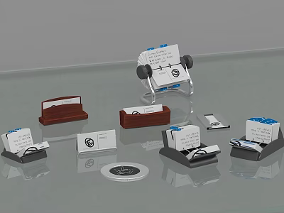 Various Desktop Organizers Including Wooden Metal Business Card Holders And Memo Pads 3d model