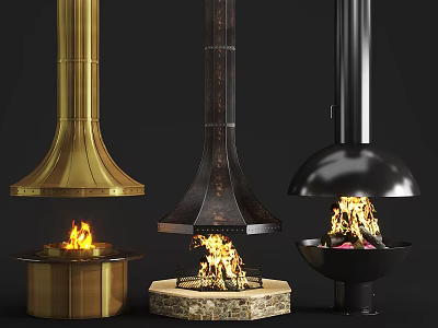 Modern Fireplaces With Golden Black Designs And Stone Base Burning Flames 3d model