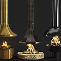 Modern Fireplaces With Golden Black Designs And Stone Base Burning Flames
