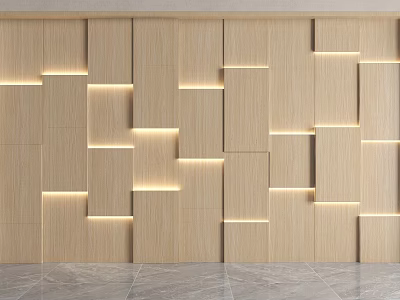 Modern Wooden Wall Interior Design With Geometric Panel Layout And Built In Lighting 3d model