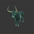 Black bull standing with long yellow horns and white spots on white background