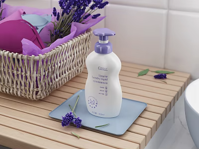 Lavender Scented Liquid Soap With Purple Pump On Blue Tray Wooden Countertop Wicker Basket Flowers 3d model