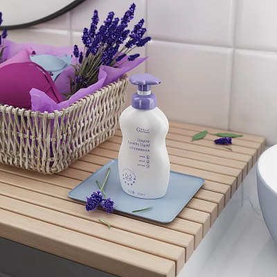 Lavender Scented Liquid Soap With Purple Pump On Blue Tray Wooden Countertop Wicker Basket Flowers 3d model
