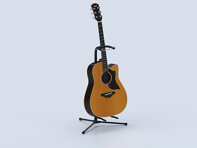 Acoustic Guitar on Sturdy Stand with Wooden Body and Light Background 3d model