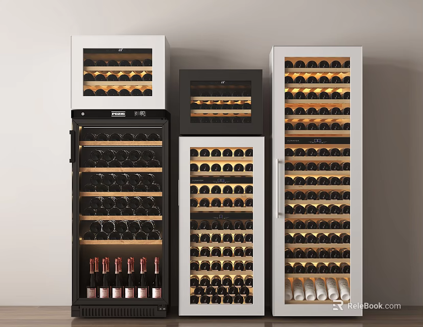 Multiple Wine Refrigerators in Different Colors with Organized Wine Bottles Interior 3d model 