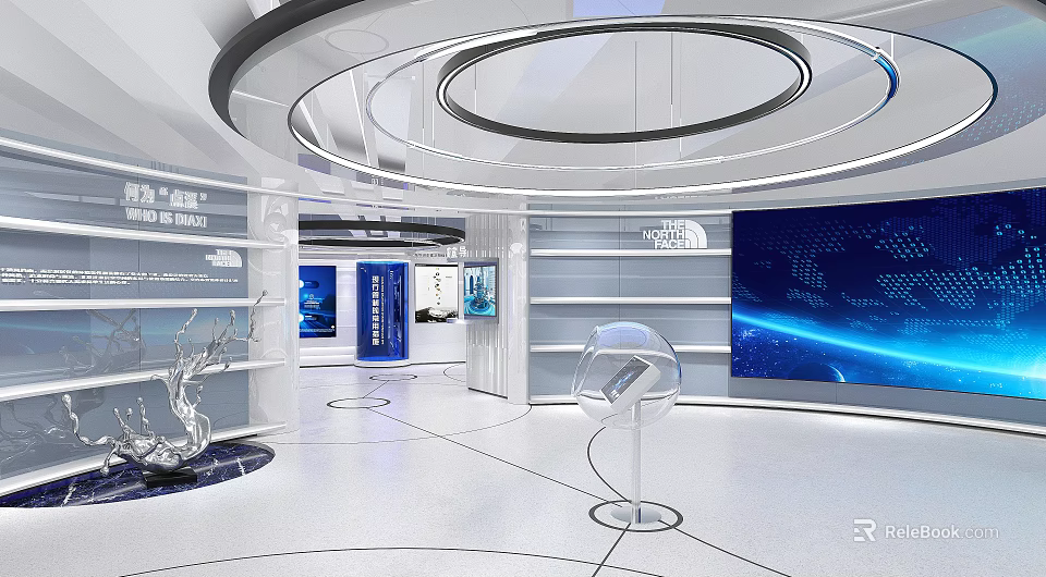 Modern Tech Inspired Exhibition Hall With Blue Screens Transparent Cabinets And Circular Lighting 3d model 