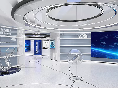 Modern Tech Inspired Exhibition Hall With Blue Screens Transparent Cabinets And Circular Lighting 3d model