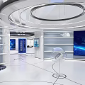 Modern Tech Inspired Exhibition Hall With Blue Screens Transparent Cabinets And Circular Lighting