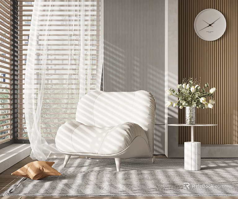 White Leisure Chair With Sunlight Through Blinds Side Table Vase Flowers On Rug And Clock 3d model 