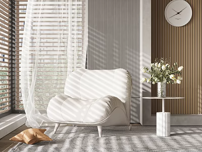 White Leisure Chair With Sunlight Through Blinds Side Table Vase Flowers On Rug And Clock 3d model