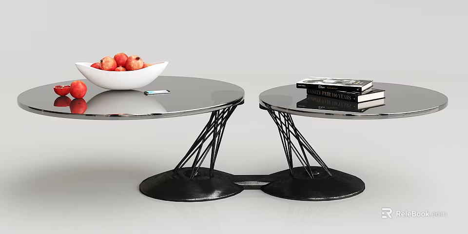 Modern Black Glass Coffee Tables With Unique Metal Base Red Fruits Bowl And Stacked Books 3d model 