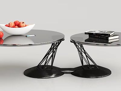 Modern Black Glass Coffee Tables With Unique Metal Base Red Fruits Bowl And Stacked Books 3d model