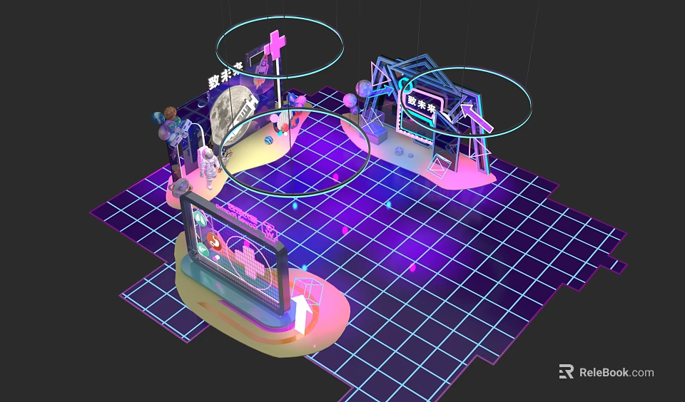 3D Photo Spot With Neon Lights Grid Floor Swing Screen And Ring Decorations 3d model 