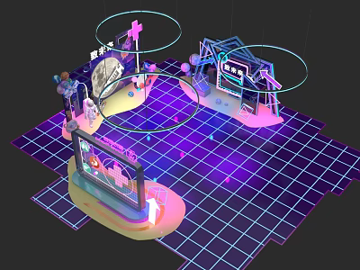 3D Photo Spot With Neon Lights Grid Floor Swing Screen And Ring Decorations 3d model