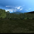 Beautiful Garden Landscape With Green Lawn Trees Mountain View Blue Sky And White Clouds