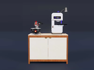 Hardware Tools Display With Red Tool Accessory And White Machine On Wooden Cabinet 3d model