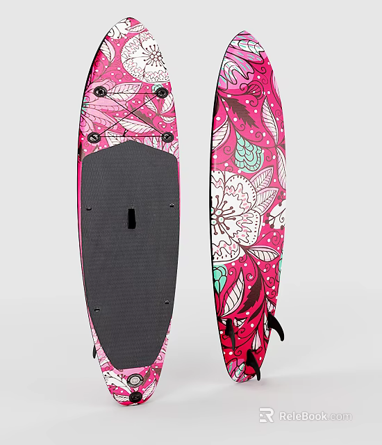 Pink Floral Pattern Paddle Board Recreational Equipment With Black Non slip Deck And Green Leaf Accents 3d model 
