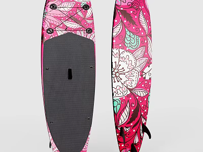 Pink Floral Pattern Paddle Board Recreational Equipment With Black Non slip Deck And Green Leaf Accents 3d model