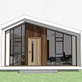 Modern Detached Villa With Large Glass Windows Wooden Exterior And Green Lawn