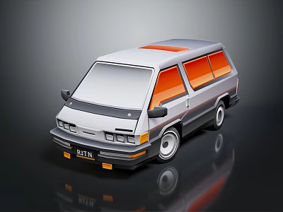 Classic White Van With Orange Roof And Windows In Cartoon Style Design 3d model