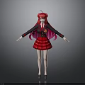 Anime Girl Character With Long Red Hair Black Red Uniform Skirt Standing Pose Gray Background