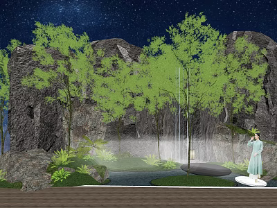 Garden Feature with Green Trees Rocks Waterfall and Pond Under Starry Sky 3d model