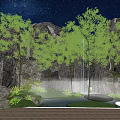 Garden Feature with Green Trees Rocks Waterfall and Pond Under Starry Sky