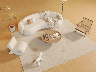 White Curved Sofa Set in Modern Living Room With Wooden Coffee Table and Beige Carpet 3d model