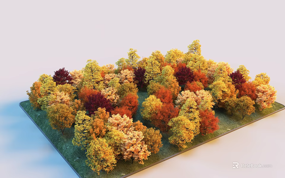 Colorful Autumn Trees With Yellow Red Orange Foliage In Dense Landscape 3d model 