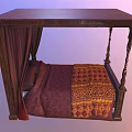 Ornate Wooden Four Poster Double Bed With Carved Headboard Red Gold Bedspread And Drapes