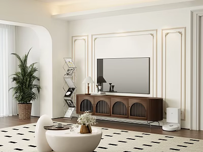 Modern TV Stand With Wooden Finish Mounted TV Shelving Potted Plant And Decorative Items 3d model