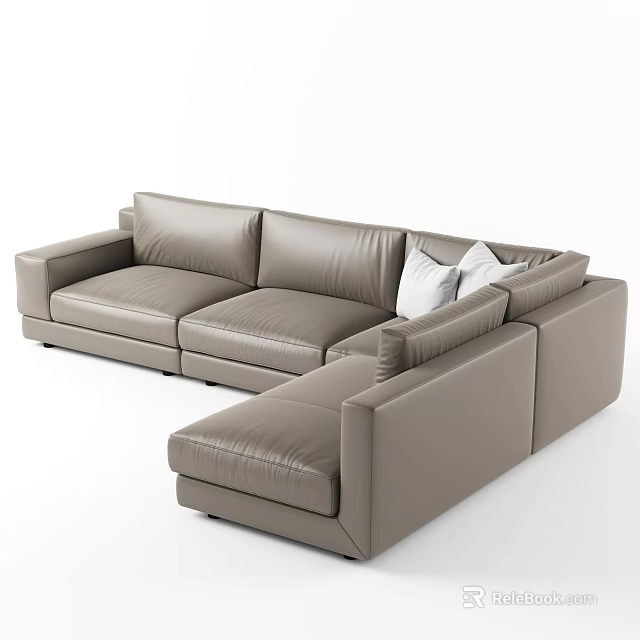 Light Gray Leather Sectional Sofa With Modern Design And Decorative Pillows 3d model