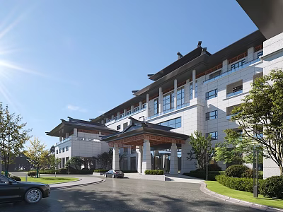 Traditional Chinese Style Modern Hotel Building With Light Facade Large Windows And Landscaped Gardens 3d model