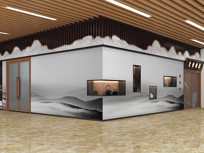 Modern Style Specialty Store With Landscape Painting Wall Wooden Ceiling And Display Cabinets 3d model