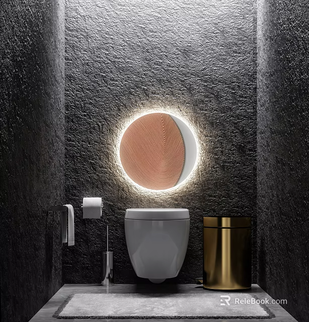 White Toilet In Bathroom With Round Illuminated Mirror Black Textured Walls And Gold Trash Can 3d model 