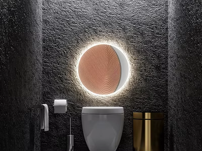 White Toilet In Bathroom With Round Illuminated Mirror Black Textured Walls And Gold Trash Can 3d model