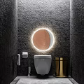 White Toilet In Bathroom With Round Illuminated Mirror Black Textured Walls And Gold Trash Can
