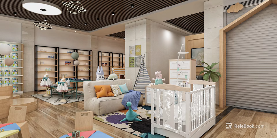 Baby Products Store With White Crib Sofa Toys Bookshelves And Green Plant 3d model 