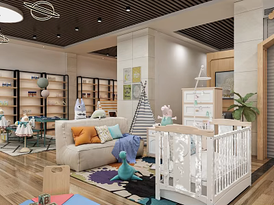 Baby Products Store With White Crib Sofa Toys Bookshelves And Green Plant 3d model