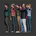 Group of People Standing in Line Stretching Arms With Gray Background and Floor Reflections